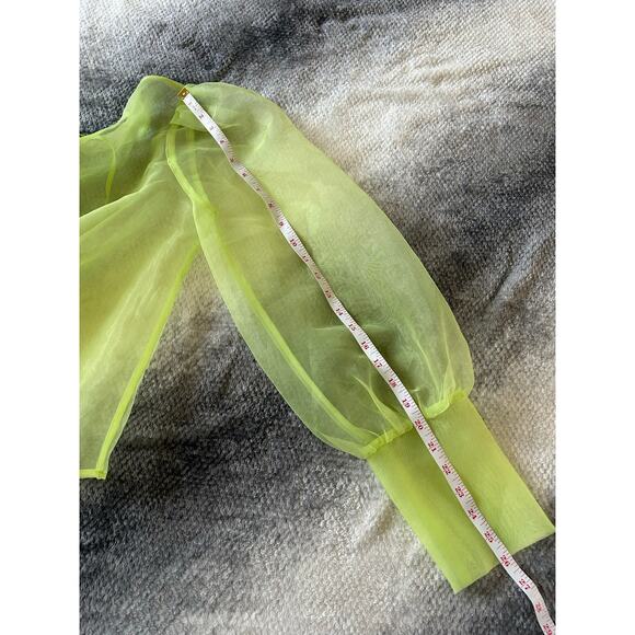 Grey Lab Sheer Neon Green Long Sleeve Keyhole Back Tie Closure Blouse Size Large - Picture 9 of 10